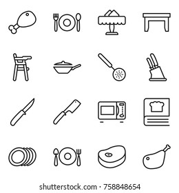 Thin line icon set : chicken leg, cafe, restaurant, table, Chair for babies, pan, skimmer, knife holder, chef, microwave oven, cooking book, plates, fork spoon plate, steake