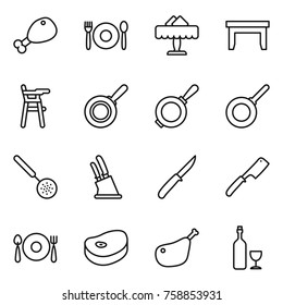Thin line icon set : chicken leg, cafe, restaurant, table, Chair for babies, pan, skimmer, knife holder, chef, fork spoon plate, steake, wine