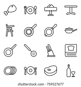 Thin line icon set : chicken leg, cafe, restaurant, table, Chair for babies, pan, skimmer, knife holder, cooking book, plates, fork spoon plate, steake, wine