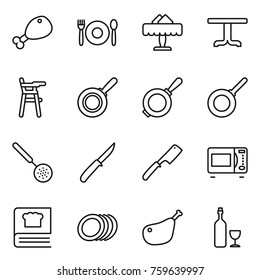 Thin line icon set : chicken leg, cafe, restaurant, table, Chair for babies, pan, skimmer, knife, chef, microwave oven, cooking book, plates, wine