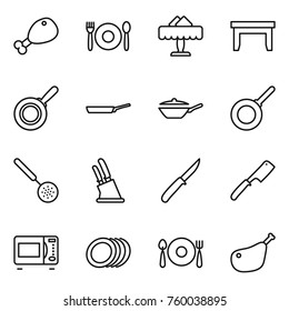 Thin line icon set : chicken leg, cafe, restaurant, table, pan, skimmer, knife holder, chef, microwave oven, plates, fork spoon plate