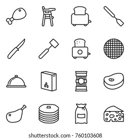 Thin line icon set : chicken leg, Chair for babies, toaster, spatula, knife, meat hammer, sieve, meal cap, cereals, pasta, steake, pancakes, flour, cheese
