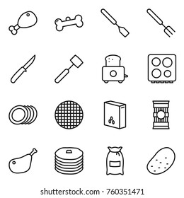 Thin line icon set : chicken leg, bone, spatula, big fork, knife, meat hammer, toaster, hob, plates, sieve, cereals, pasta, pancakes, flour, potato