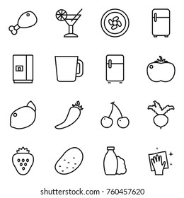 Thin line icon set : chicken leg, cocktail, cooler fan, fridge, cup, tomato, lemon, hot pepper, cherry, beet, strawberry, potato, shampoo, wiping