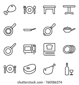Thin line icon set : chicken leg, cafe, table, pan, microwave oven, cooking book, plates, fork spoon plate, steake, wine