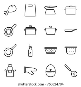 Thin Line Icon Set : Chicken Leg, Cutting Board, Pan, Vegetable Oil, Colander, Apron, Cook Glove, Egg Timer, Skimmer