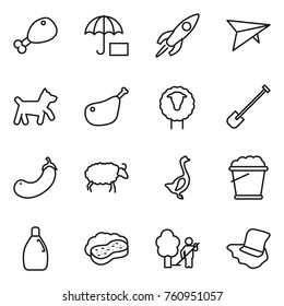 Thin line icon set : chicken leg, rocket, deltaplane, dog, sheep, shovel, eggplant, goose, foam bucket, cleanser, sponge with, garden cleaning, floor washing