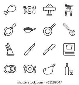 Thin line icon set : chicken leg, cafe, restaurant, Chair for babies, pan, skimmer, knife holder, chef, cooking book, plates, fork spoon plate, wine