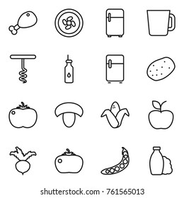 Thin line icon set : chicken leg, cooler fan, fridge, cup, corkscrew, vegetable oil, potato, tomato, mushroom, corn, apple, beet, peas, shampoo