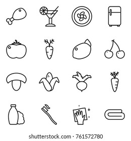 Thin line icon set : chicken leg, cocktail, cooler fan, fridge, tomato, carrot, lemon, cherry, mushroom, corn, beet, shampoo, tooth brush, wiping, towel