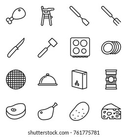 Thin line icon set : chicken leg, Chair for babies, spatula, big fork, knife, meat hammer, hob, plates, sieve, meal cap, cereals, pasta, steake, potato, cheese