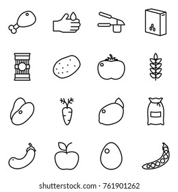 Thin line icon set : chicken leg, acid, garlic clasp, cereals, pasta, potato, tomato, spikelets, beans, carrot, lemon, flour, eggplant, apple, egg, peas