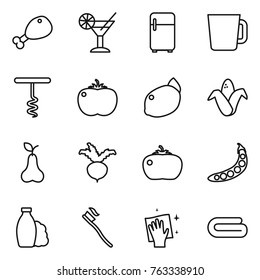 Thin line icon set : chicken leg, cocktail, fridge, cup, corkscrew, tomato, lemon, corn, pear, beet, peas, shampoo, tooth brush, wiping, towel