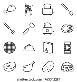 Thin line icon set : chicken leg, Chair for babies, toaster, spatula, big fork, meat hammer, plates, sieve, meal cap, cereals, pasta, steake, potato, cheese