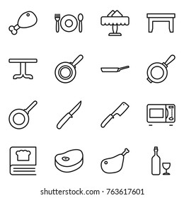 Thin line icon set : chicken leg, cafe, restaurant, table, pan, knife, chef, microwave oven, cooking book, steake, wine