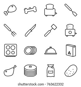 Thin line icon set : chicken leg, bone, toaster, spatula, big fork, knife, meat hammer, hob, plates, meal cap, cereals, pancakes, flour, potato