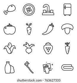 Thin line icon set : chicken leg, cooler fan, water tap, fridge, tomato, carrot, hot pepper, mushroom, corn, beet, strawberry, shampoo, tooth brush, wiping, towel