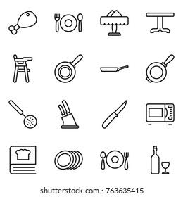 Thin line icon set : chicken leg, cafe, restaurant, table, Chair for babies, pan, skimmer, knife holder, microwave oven, cooking book, plates, fork spoon plate, wine