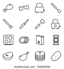 Thin line icon set : chicken leg, bone, toaster, spatula, big fork, knife, meat hammer, hob, plates, cereals, pasta, steake, pancakes, potato