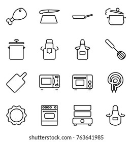 Thin line icon set : chicken leg, cutting board, pan, steam, apron, whisk, microwave oven, grill, elecric, induction, double boiler