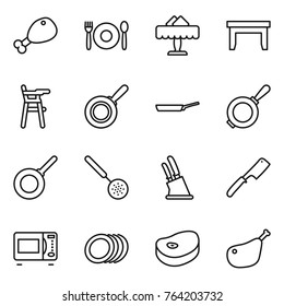 Thin line icon set : chicken leg, cafe, restaurant, table, Chair for babies, pan, skimmer, knife holder, chef, microwave oven, plates, steake