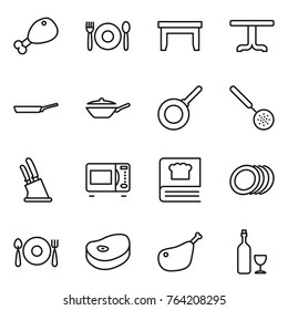 Thin line icon set : chicken leg, cafe, table, pan, skimmer, knife holder, microwave oven, cooking book, plates, fork spoon plate, steake, wine