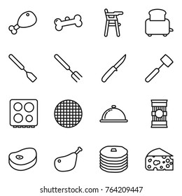 Thin line icon set : chicken leg, bone, Chair for babies, toaster, spatula, big fork, knife, meat hammer, hob, sieve, meal cap, pasta, steake, pancakes, cheese