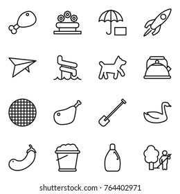 Thin line icon set : chicken leg, flower bed, insurance, rocket, deltaplane, aquapark, dog, kettle, sieve, shovel, goose, eggplant, foam bucket, cleanser, garden cleaning