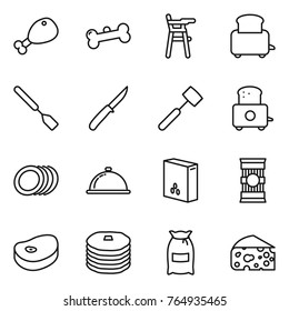Thin line icon set : chicken leg, bone, Chair for babies, toaster, spatula, knife, meat hammer, plates, meal cap, cereals, pasta, steake, pancakes, flour, cheese