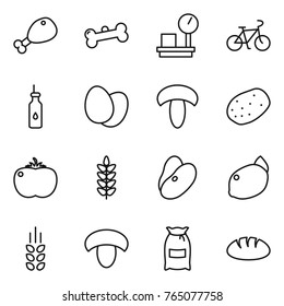 Thin line icon set : chicken leg, bone, warehouse scales, bike, vegetable oil, eggs, mushroom, potato, tomato, spikelets, beans, lemon, flour, bread