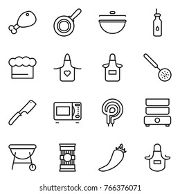 Thin line icon set : chicken leg, pan, cauldron, vegetable oil, chief hat, apron, skimmer, chef knife, microwave oven, elecric, double boiler, bbq, pasta, hot pepper