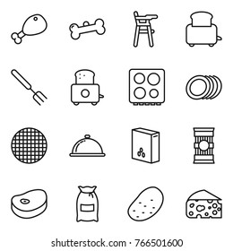 Thin line icon set : chicken leg, bone, Chair for babies, toaster, big fork, hob, plates, sieve, meal cap, cereals, pasta, steake, flour, potato, cheese