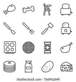 Thin line icon set : chicken leg, bone, Chair for babies, toaster, spatula, big fork, meat hammer, hob, sieve, pasta, pancakes, flour, potato, cheese