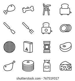 Thin line icon set : chicken leg, bone, Chair for babies, toaster, spatula, big fork, plates, sieve, cereals, pasta, steake, pancakes, flour, cheese