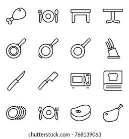 Thin line icon set : chicken leg, cafe, table, pan, knife holder, chef, microwave oven, cooking book, plates, fork spoon plate, steake