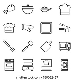 Thin line icon set : chicken leg, cauldron, pan, cook hat, chief, glove, cutting board, garlic clasp, big fork, meat hammer, microwave oven, double boiler, cooking book, pasta