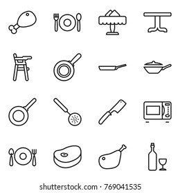 Thin line icon set : chicken leg, cafe, restaurant, table, Chair for babies, pan, skimmer, chef knife, microwave oven, fork spoon plate, steake, wine