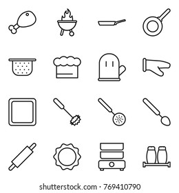 Thin line icon set : chicken leg, bbq, pan, colander, chief hat, cook glove, cutting board, whisk, skimmer, big spoon, rolling pin, induction oven, double boiler, salt pepper