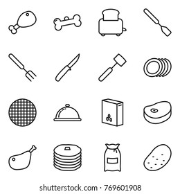 Thin line icon set : chicken leg, bone, toaster, spatula, big fork, knife, meat hammer, plates, sieve, meal cap, cereals, steake, pancakes, flour, potato