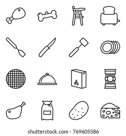 Thin line icon set : chicken leg, bone, Chair for babies, toaster, spatula, knife, meat hammer, plates, sieve, meal cap, cereals, pasta, flour, potato, cheese