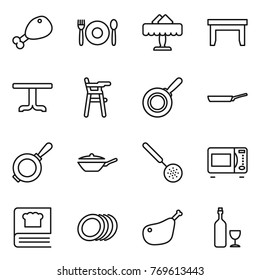 Thin line icon set : chicken leg, cafe, restaurant, table, Chair for babies, pan, skimmer, microwave oven, cooking book, plates, wine