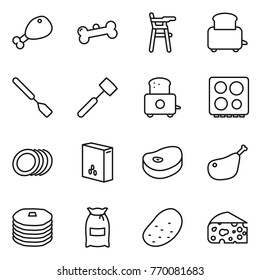 Thin line icon set : chicken leg, bone, Chair for babies, toaster, spatula, meat hammer, hob, plates, cereals, steake, pancakes, flour, potato, cheese