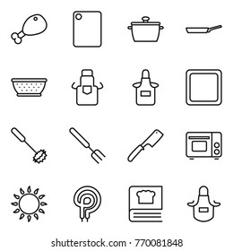 Thin line icon set : chicken leg, cutting board, pan, colander, apron, whisk, big fork, chef knife, grill oven, gas, elecric, cooking book