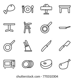 Thin line icon set : chicken leg, cafe, restaurant, table, Chair for babies, pan, knife holder, chef, microwave oven, plates, steake