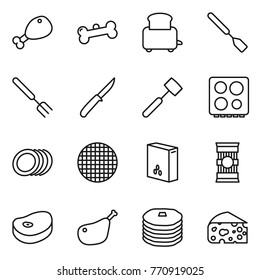 Thin line icon set : chicken leg, bone, toaster, spatula, big fork, knife, meat hammer, hob, plates, sieve, cereals, pasta, steake, pancakes, cheese