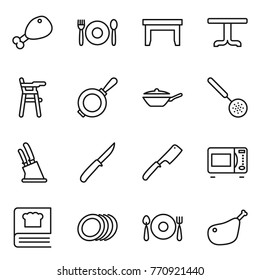 Thin line icon set : chicken leg, cafe, table, Chair for babies, pan, skimmer, knife holder, chef, microwave oven, cooking book, plates, fork spoon plate