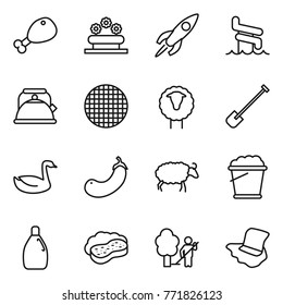 Thin line icon set : chicken leg, flower bed, rocket, aquapark, kettle, sieve, sheep, shovel, goose, eggplant, foam bucket, cleanser, sponge with, garden cleaning, floor washing