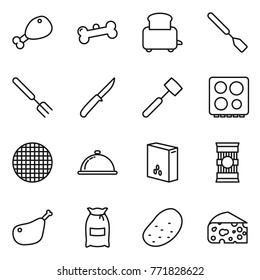 Thin line icon set : chicken leg, bone, toaster, spatula, big fork, knife, meat hammer, hob, sieve, meal cap, cereals, pasta, flour, potato, cheese