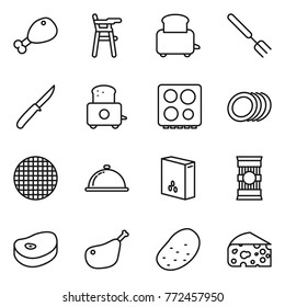 Thin line icon set : chicken leg, Chair for babies, toaster, big fork, knife, hob, plates, sieve, meal cap, cereals, pasta, steake, potato, cheese