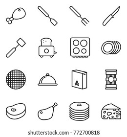 Thin line icon set : chicken leg, spatula, big fork, knife, meat hammer, toaster, hob, plates, sieve, meal cap, cereals, pasta, steake, pancakes, cheese